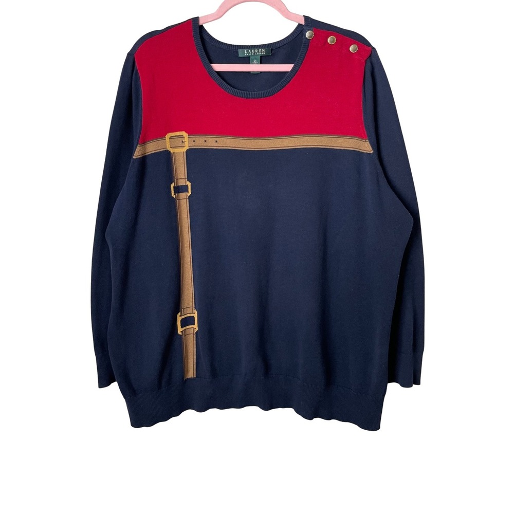 Lauren Ralph Lauren Sweater Womens 2X Blue Red Equestrian Belt Button‎ Shoulder